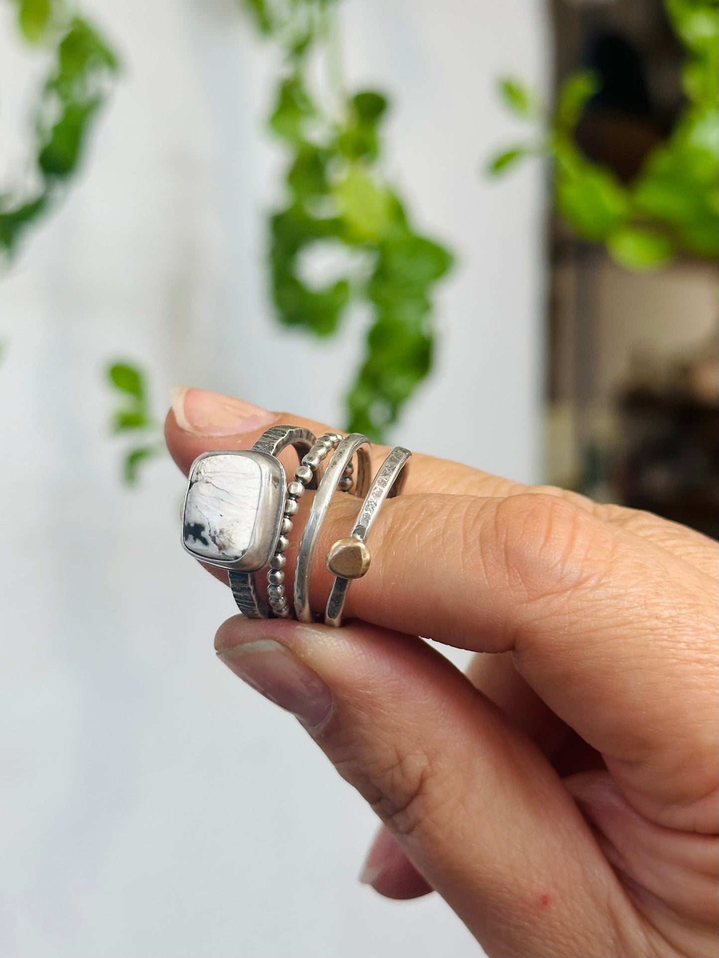 4-piece White Buffalo and Sterling Silver • stackable ring set • set fits size 8