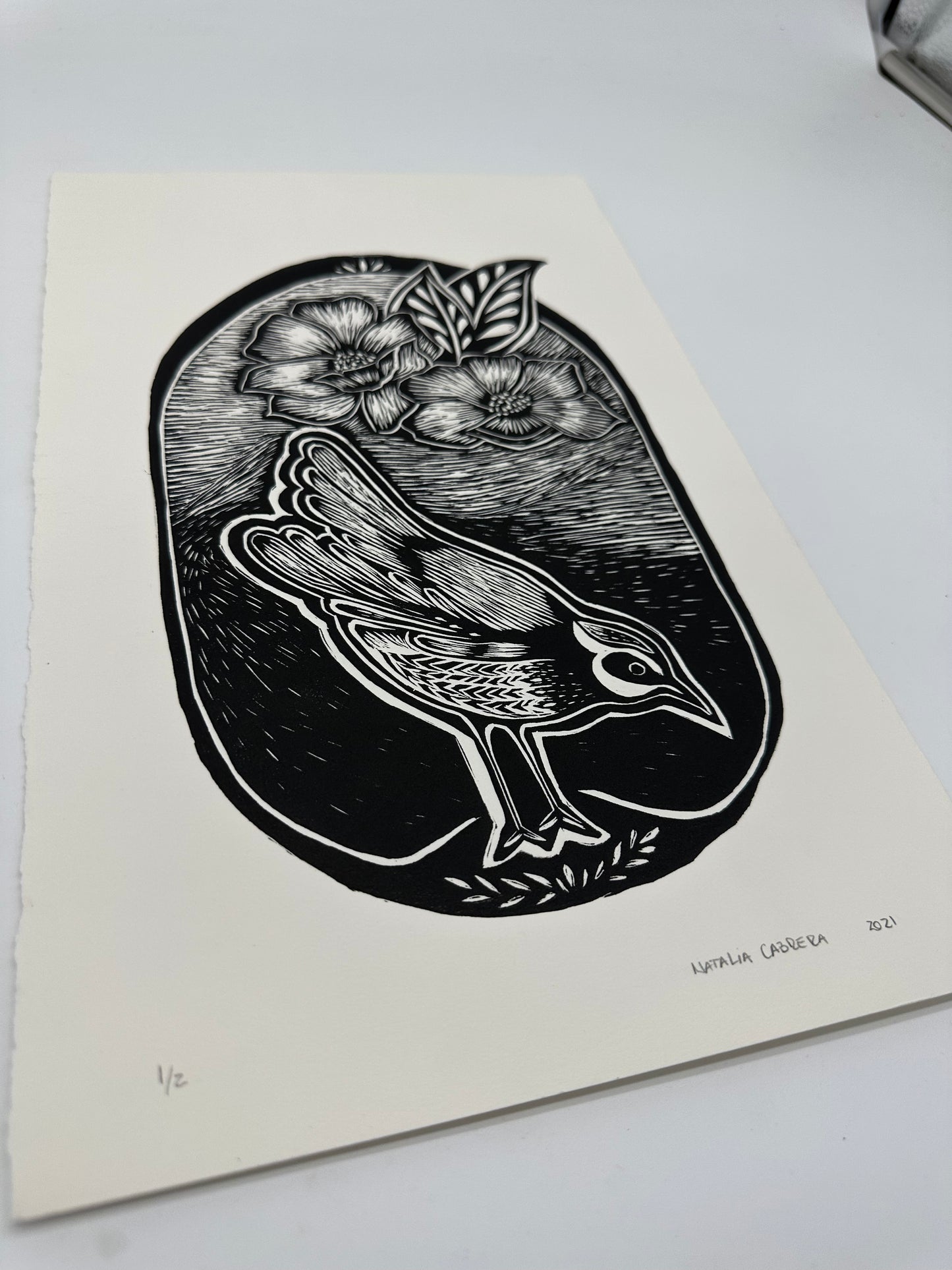 Bird and flower - Lino Print