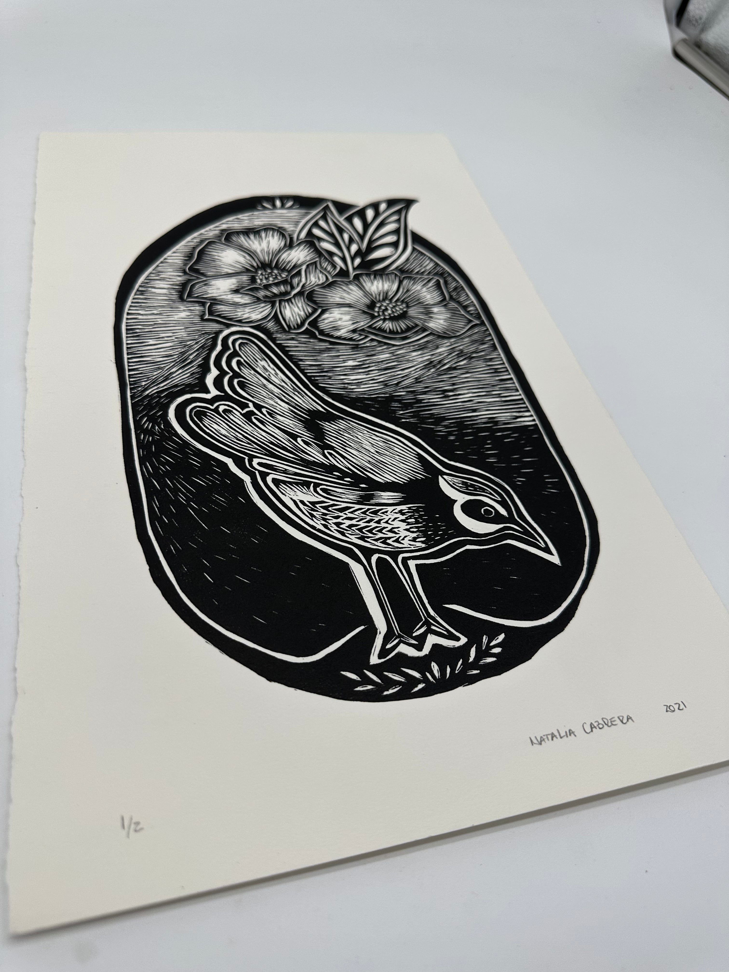 Bird and flower - Lino Print