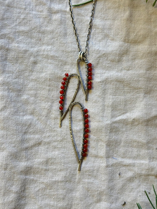 Leaves wrapped with Carnelian beads Pendant Necklace - Long necklace