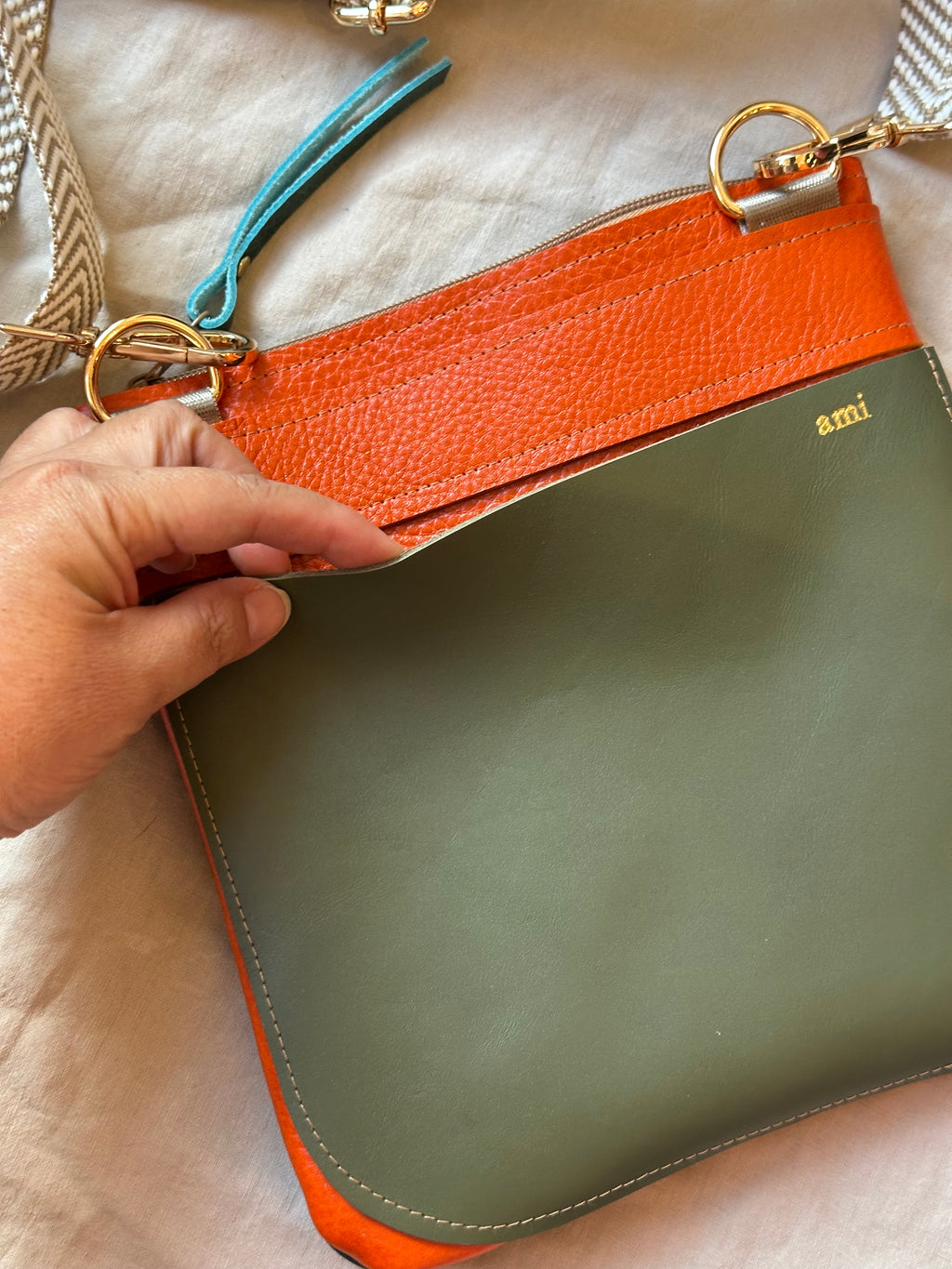 Crossbody Bag • Double Zip • Turquoise, Cream & Dark blue