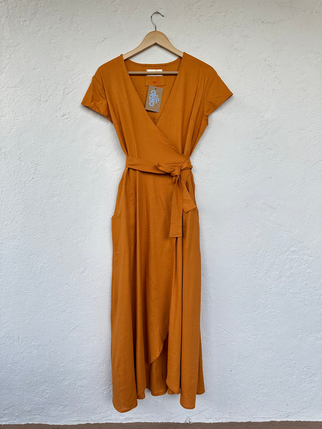 Orange Linen Wrap Dress - Cap Sleeve