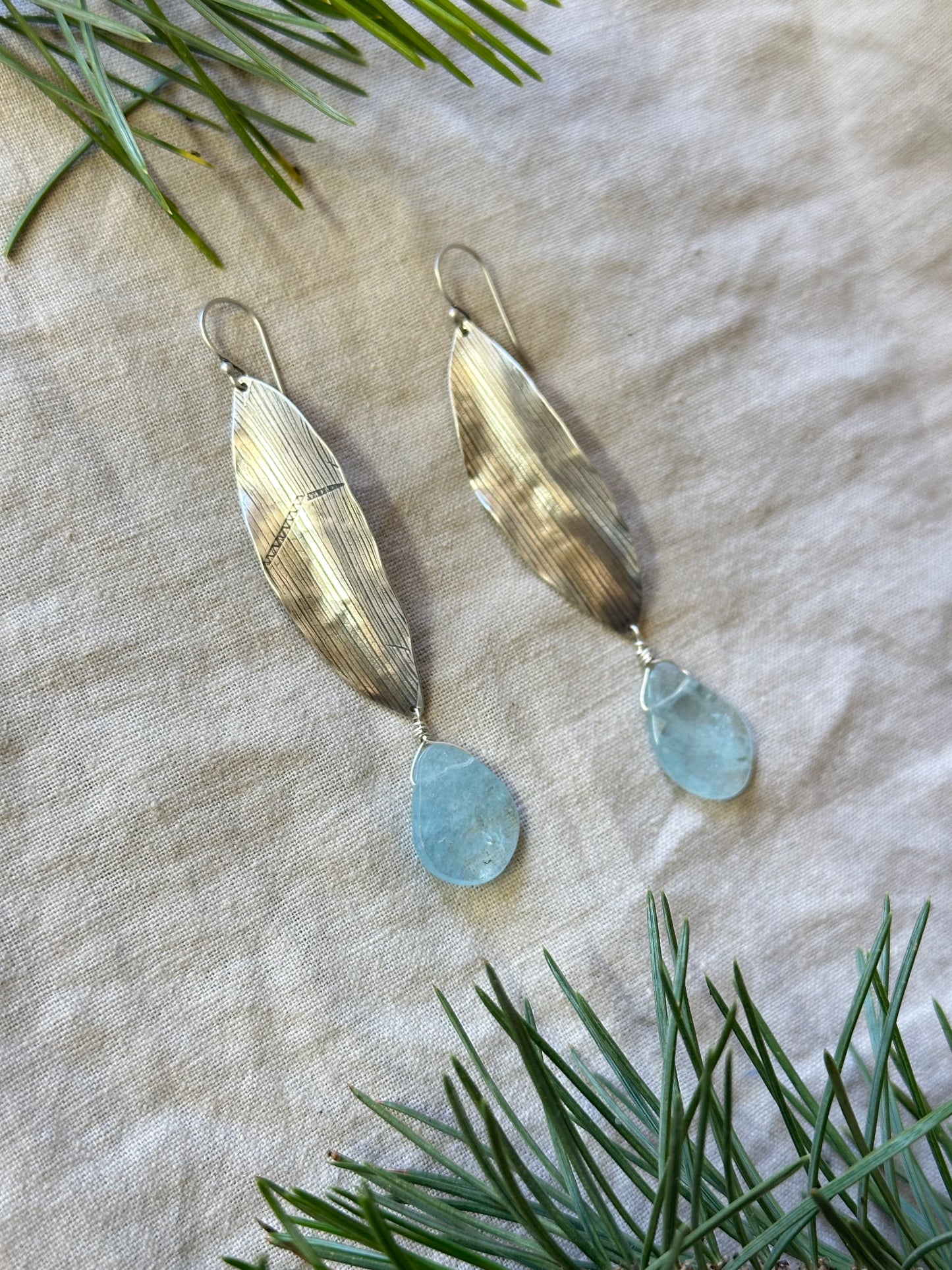 Aquamarine Corn Leaf earrings - Sterling Silver