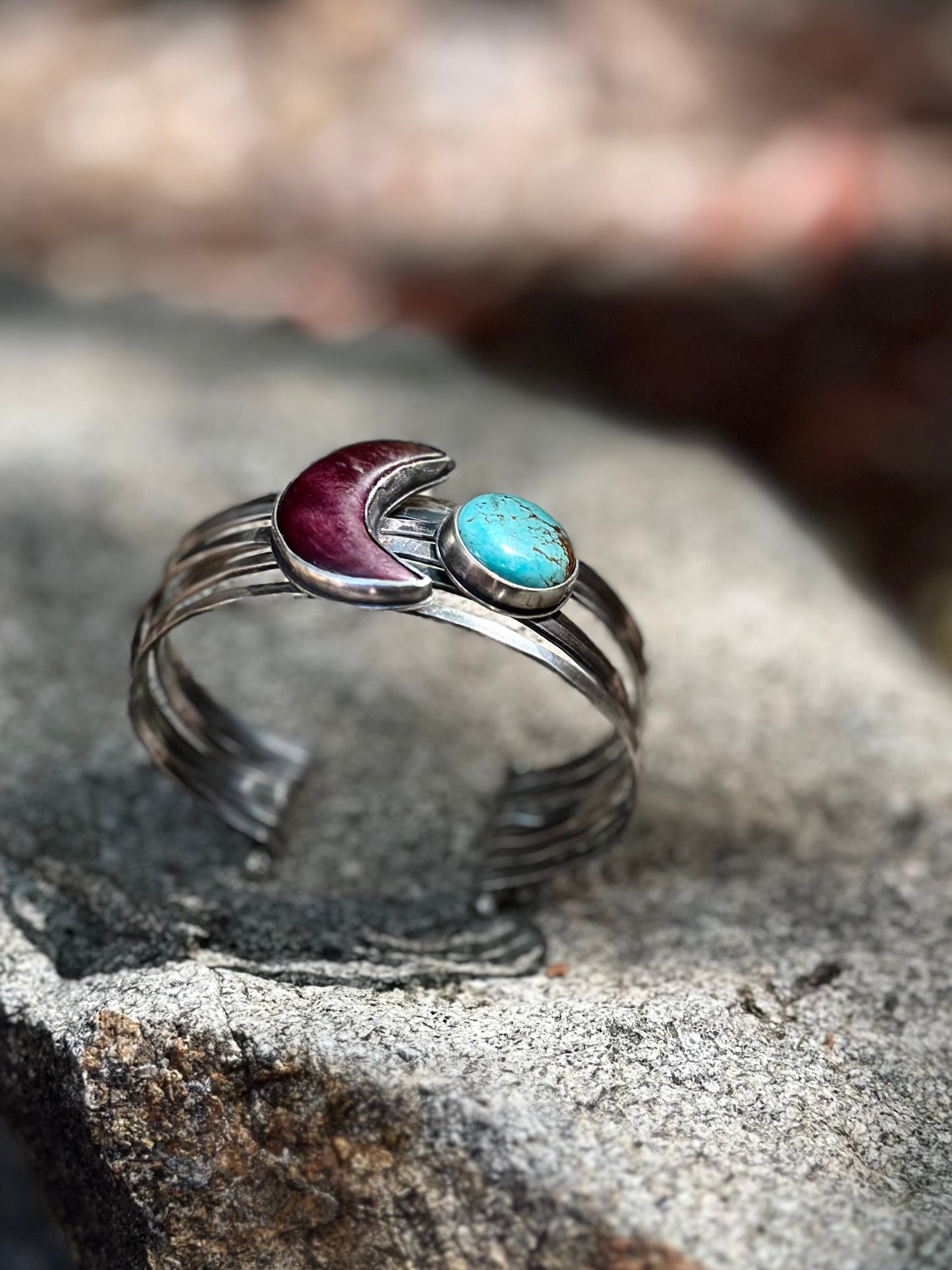 Lunar Stacked - Attached Bracelet - Spiny Oyster and Nevada Turquoise - ready to ship