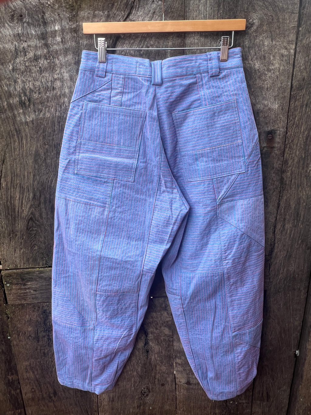 High Waisted Barrel Pants - Light Blue Denim and pink thread