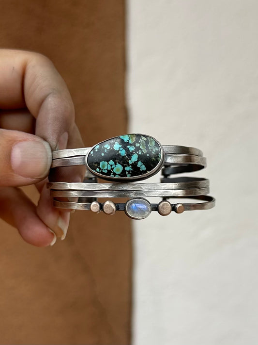 Stacked - Attached Bracelet - Blackjack Turquoise and Rainbow Moonstone- Cuff with Movement - ready to ship