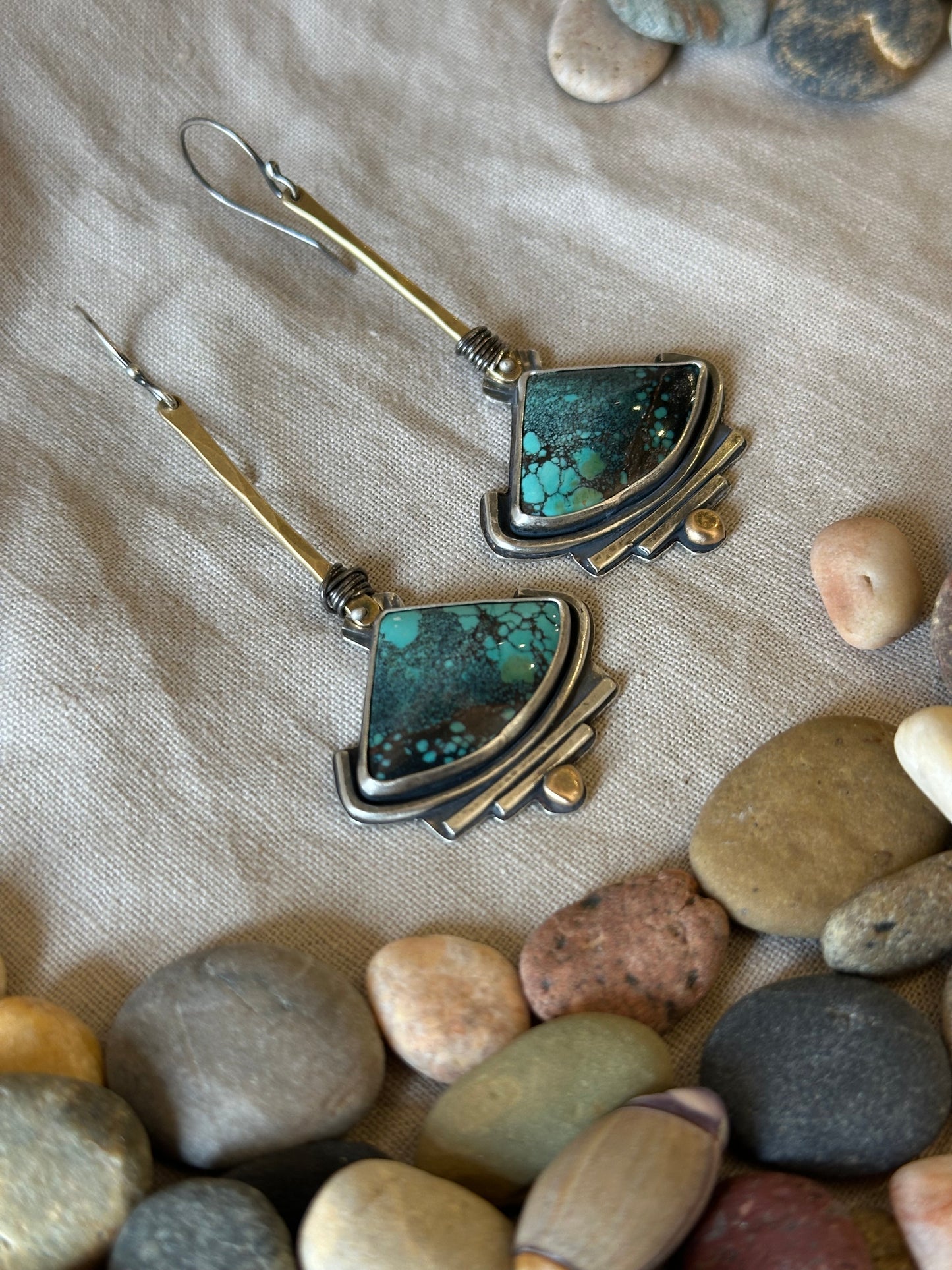 Blue Moon Turquoise Geometric earrings - sterling silver and brass