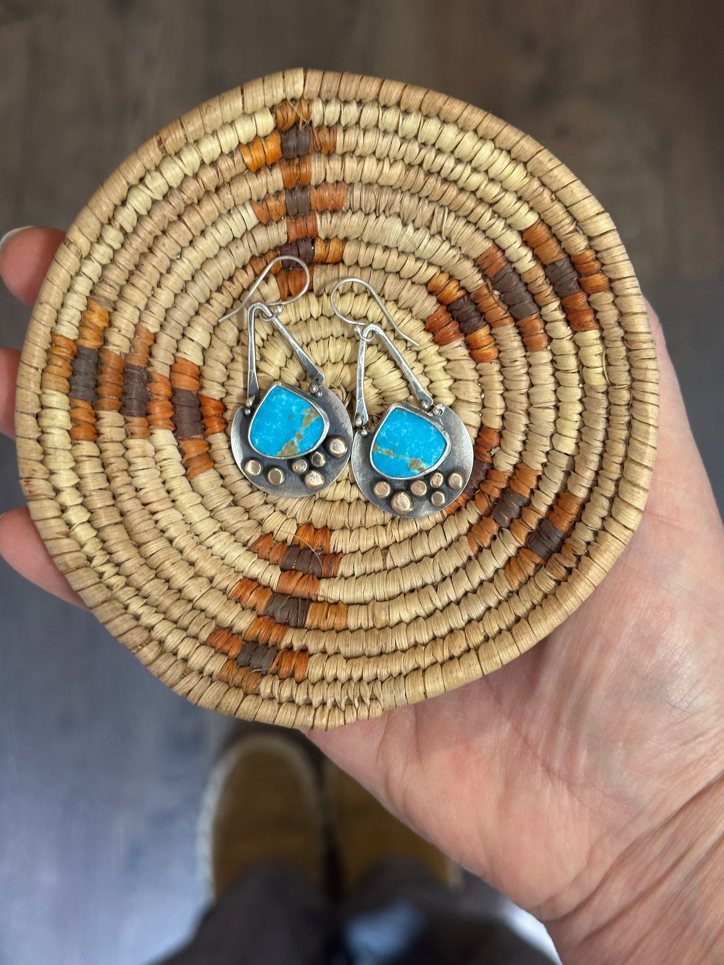 Blue Bird Turquoise ~ golden dots dangling earrings
