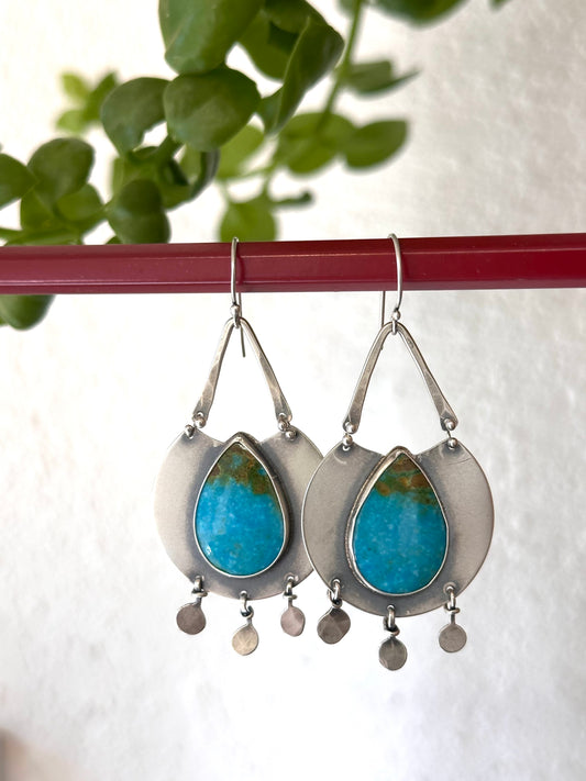 Royston Turqouise Statement Earrings - sterling silver and hammered bronze