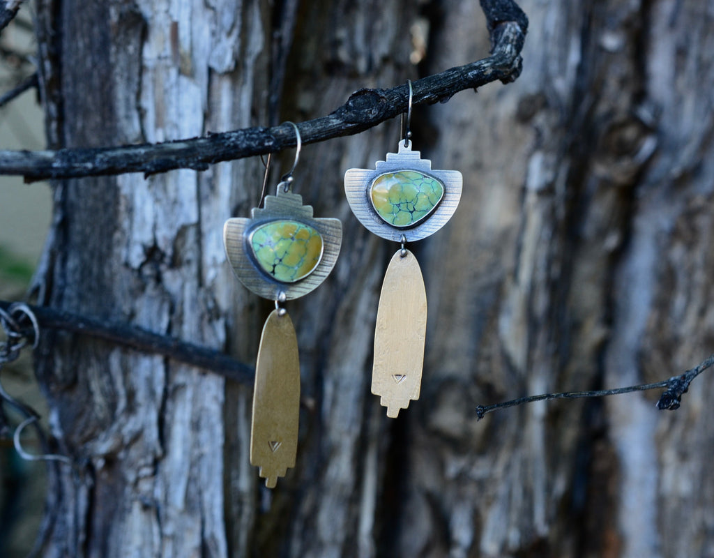 Nevada Turquoise Rain Earrings - Sterling Silver and Brass - Corn Husk Imprinted
