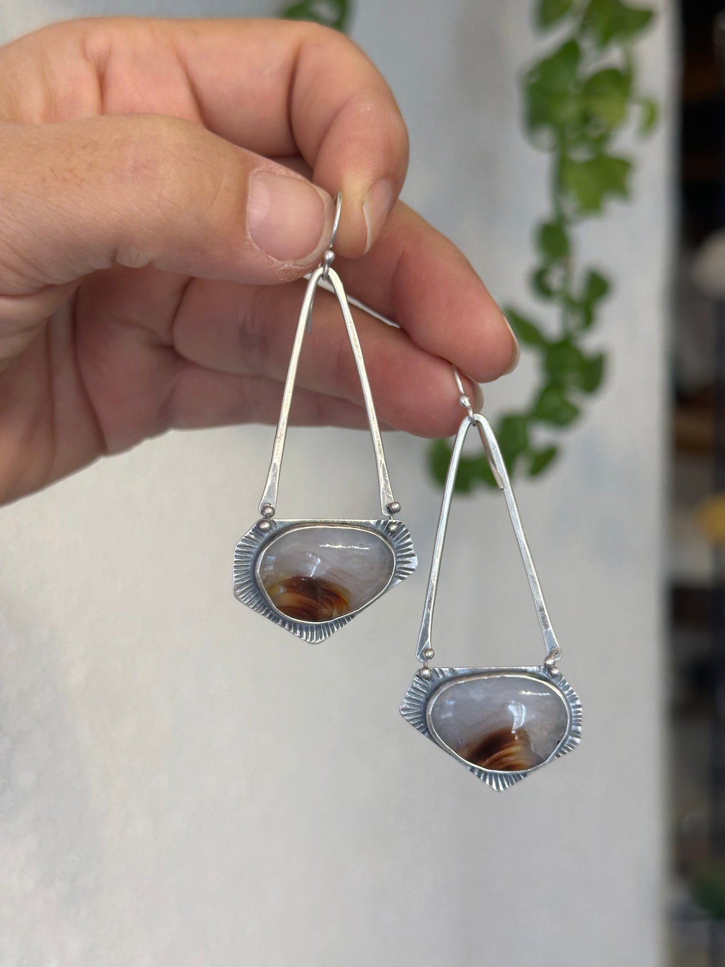 Mexican Agate Geometric dangle earrings - Sterling Silver