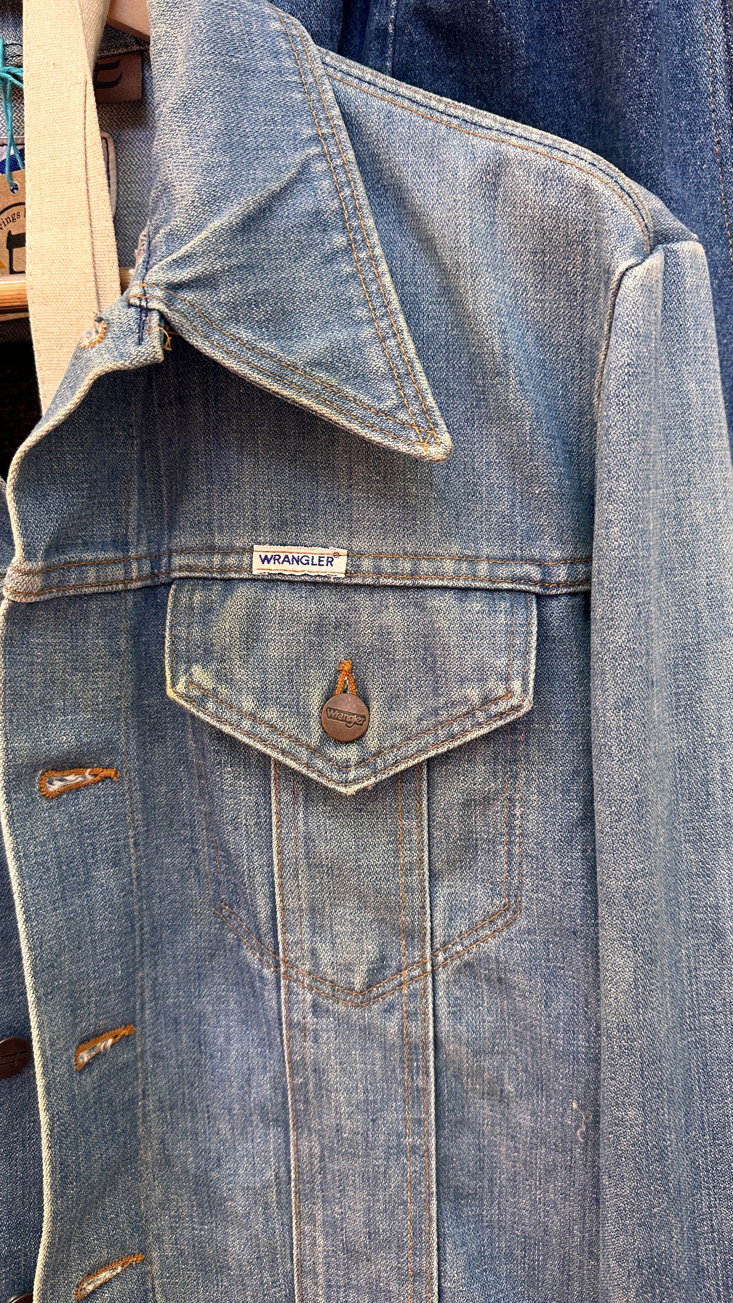 Denim Wrangler Jacket - Handwoven back panel - Size Large