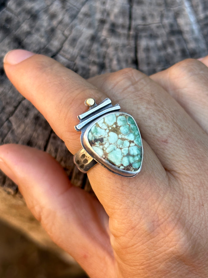 Poseidon Variscite ~ sterling silver ring+ 18k gold accent - Size 7.75