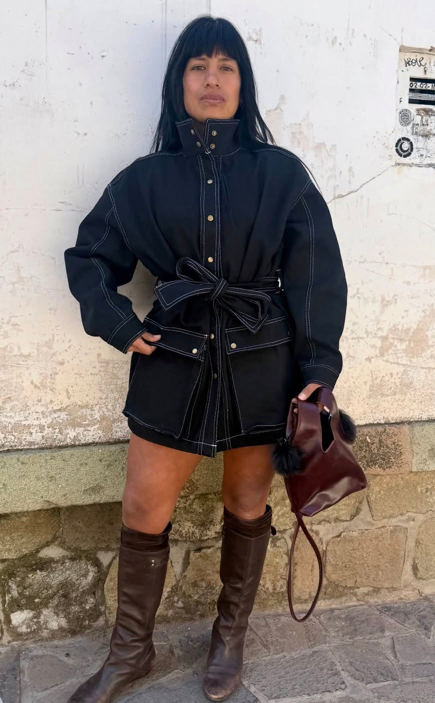 Denim Coat/Dress with Contrast Stitch - Belted coat