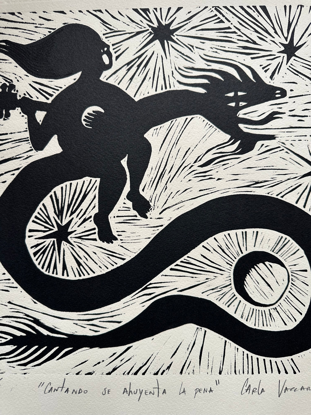Cantando se Ahuyenta la Pena - Lino Print 15.5” Square