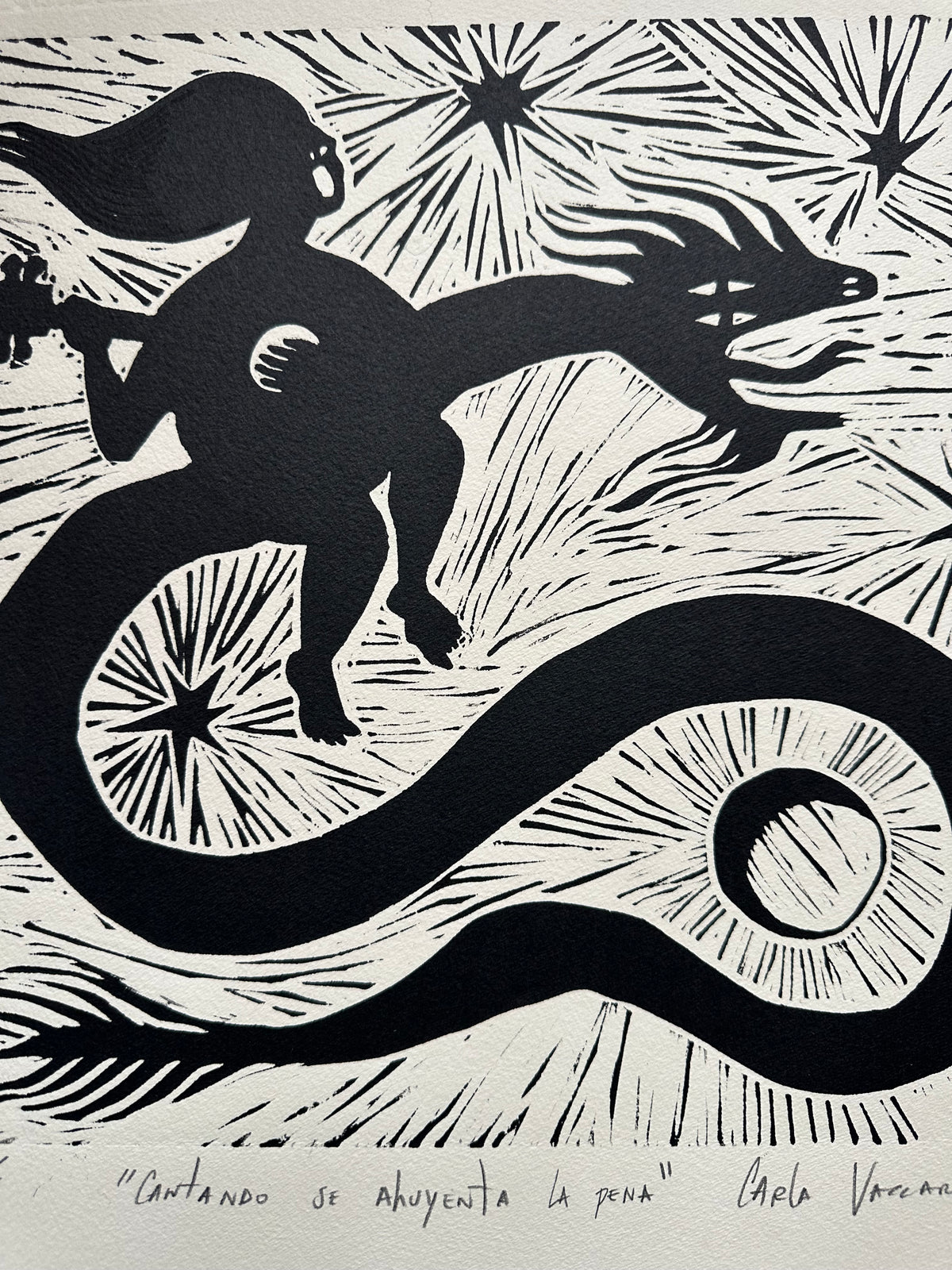 Cantando se Ahuyenta la Pena - Lino Print 15.5” Square