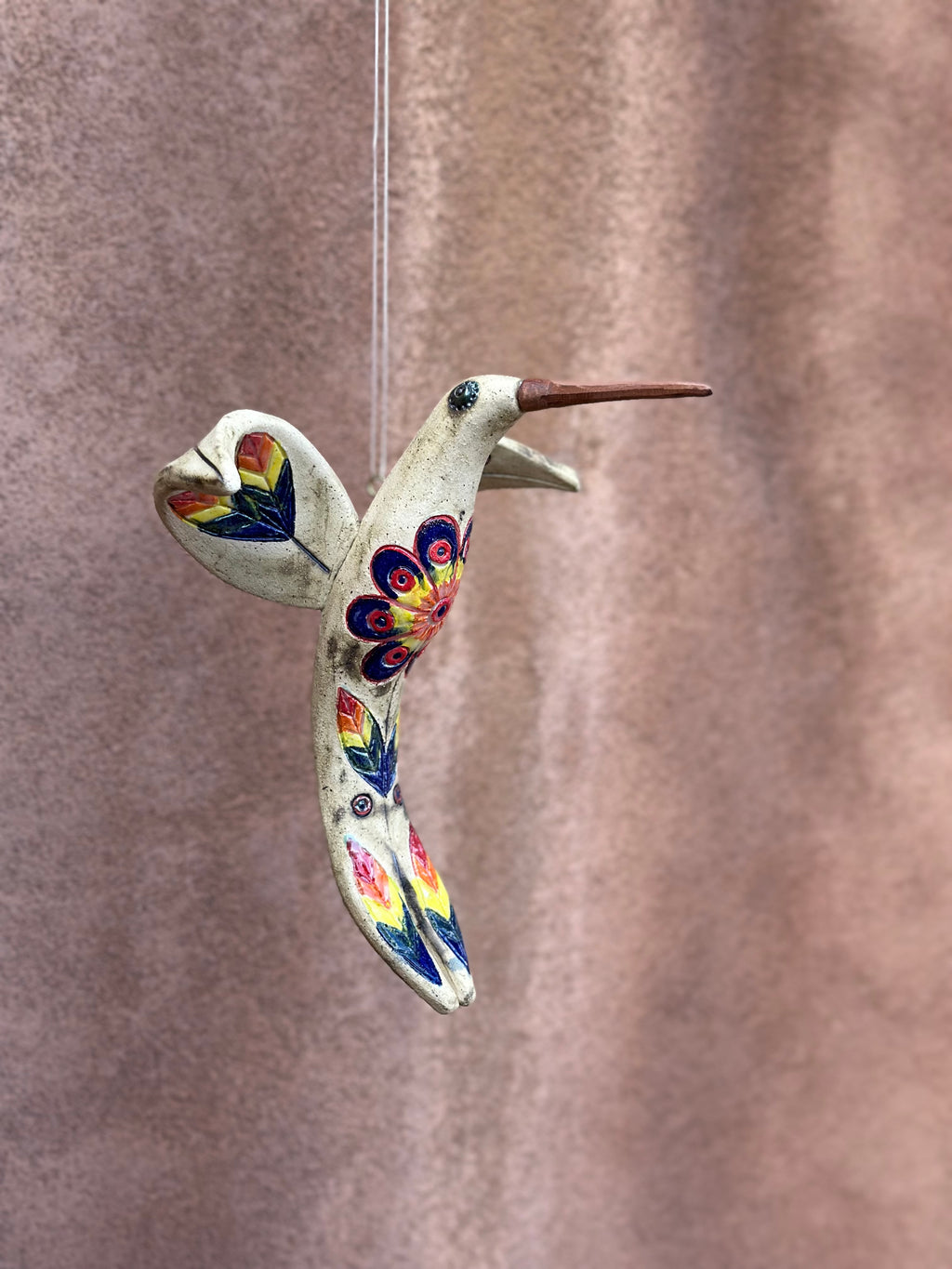 Medium Hanging Hummingbird with Flower Design - Clay Sculpture