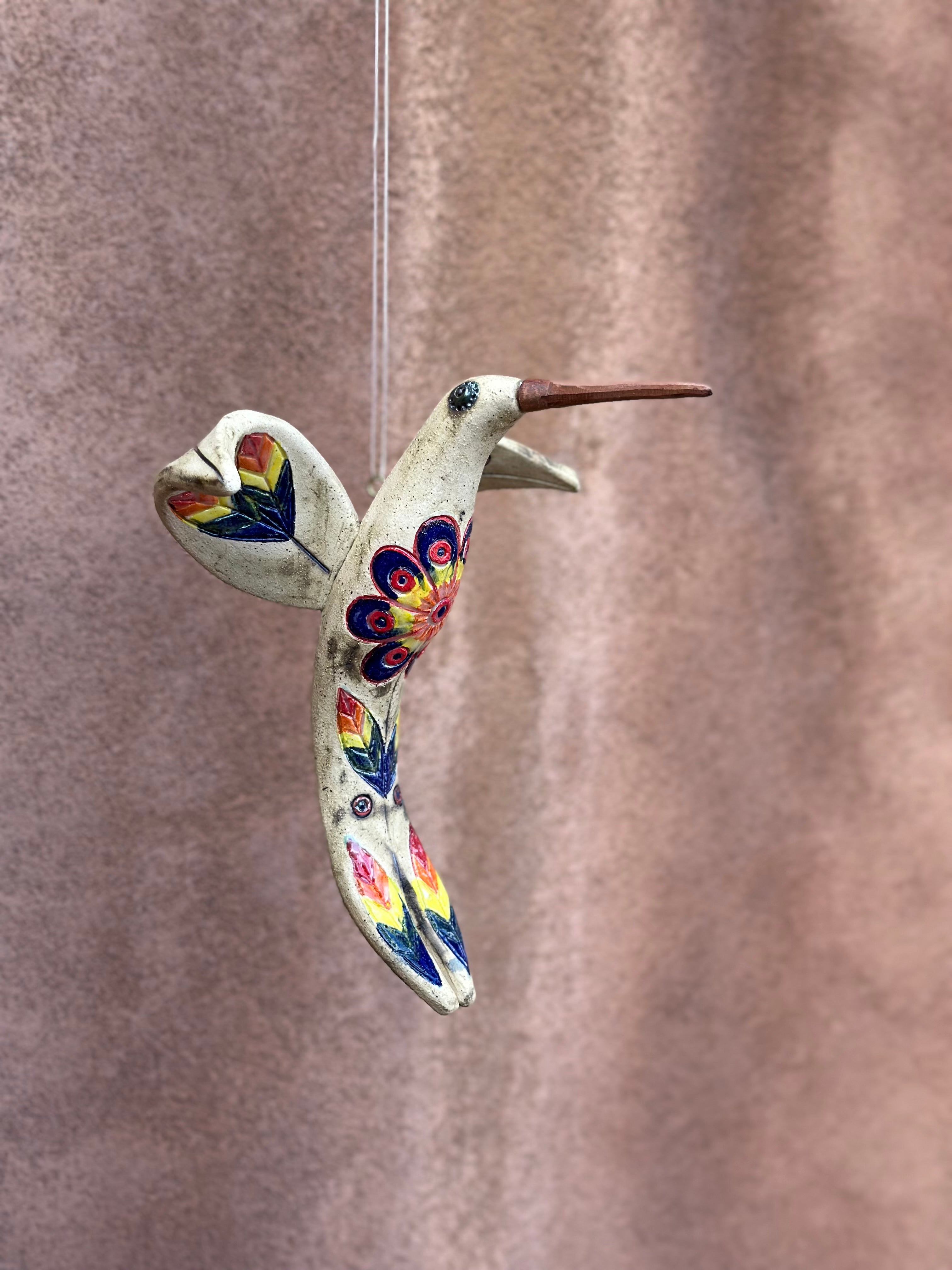 Medium Hanging Hummingbird with Flower Design - Clay Sculpture