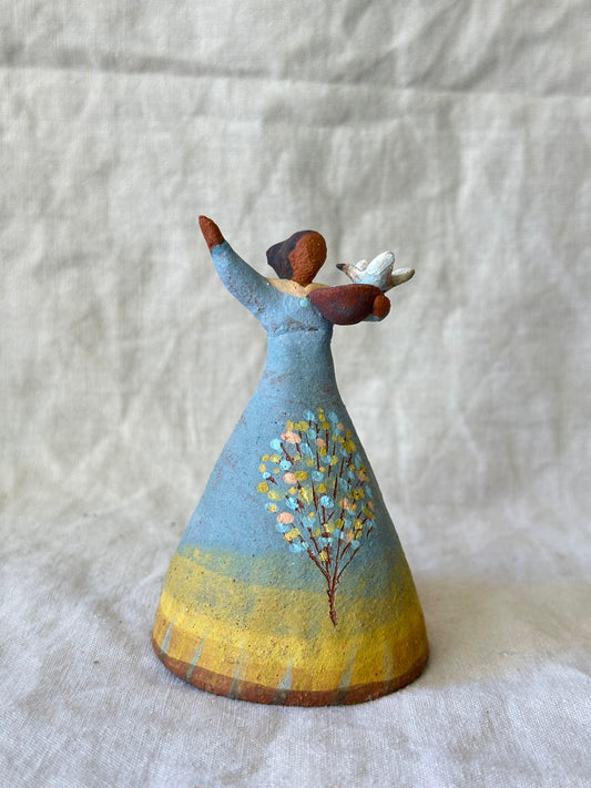 Dancer Bell - Blue and Yellow dress with bird and water bowl