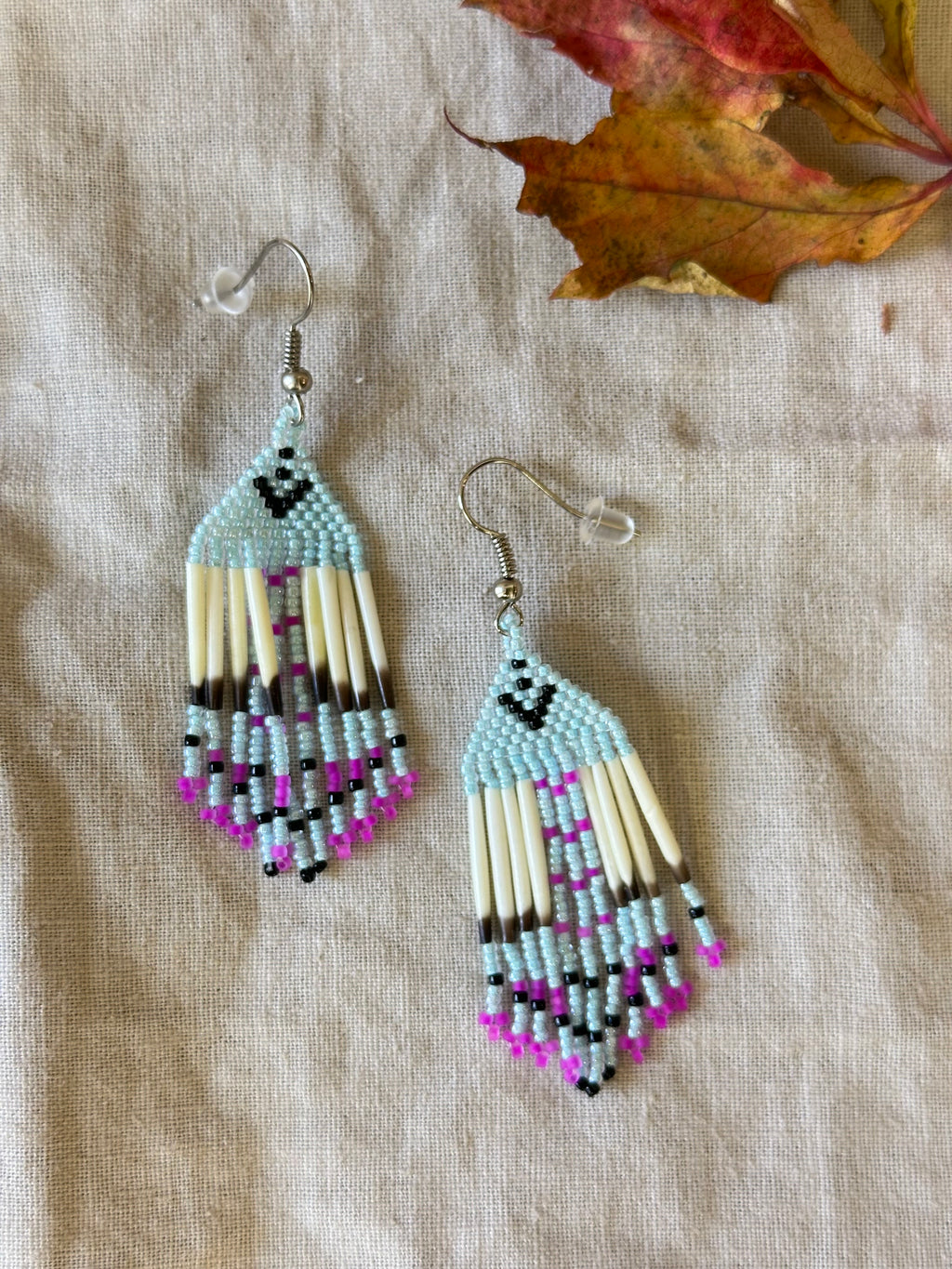Beaded earrings - blue & pink - Porcupine Quills