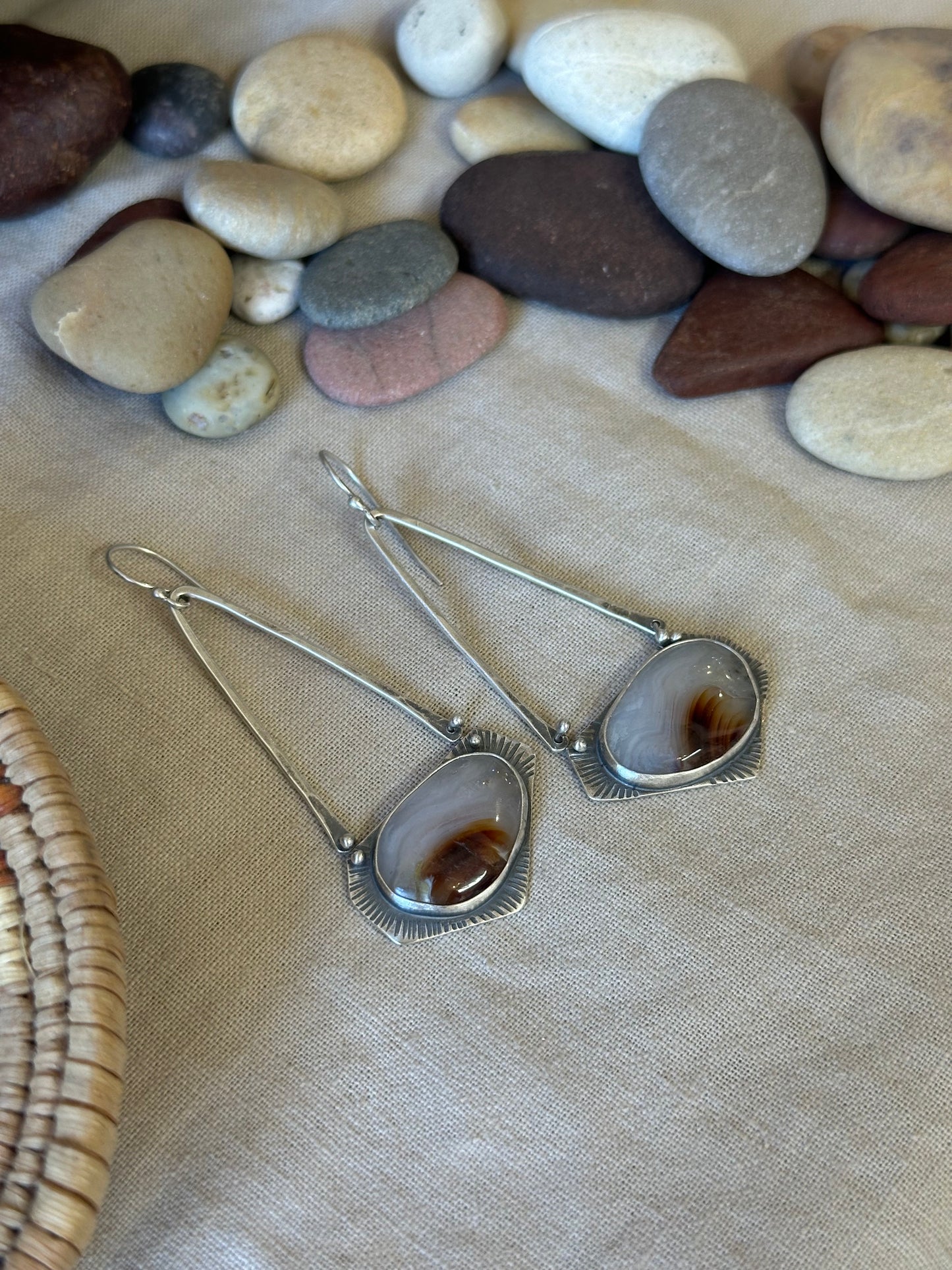 Mexican Agate Geometric dangle earrings - Sterling Silver