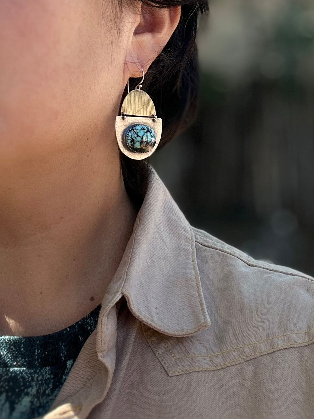 Hubei Turquoise Earrings - Sterling Silver and Corn Husk imprinted Brass