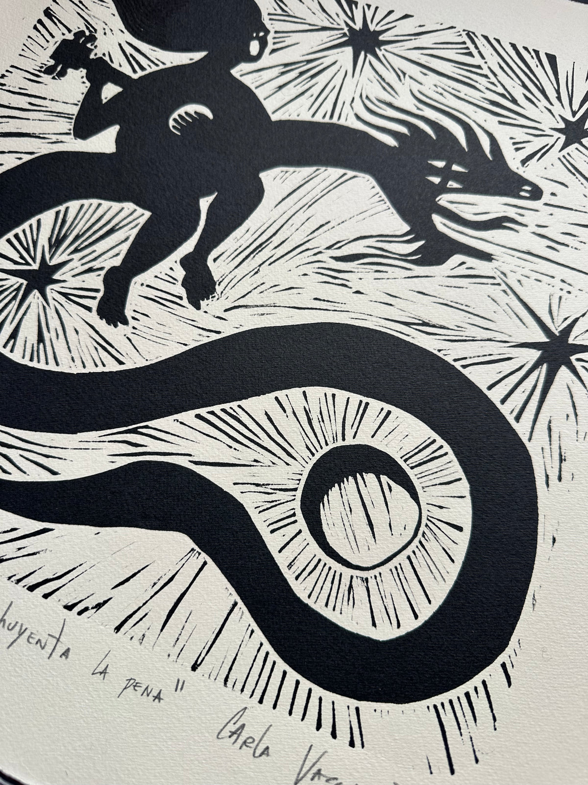 Cantando se Ahuyenta la Pena - Lino Print 15.5” Square