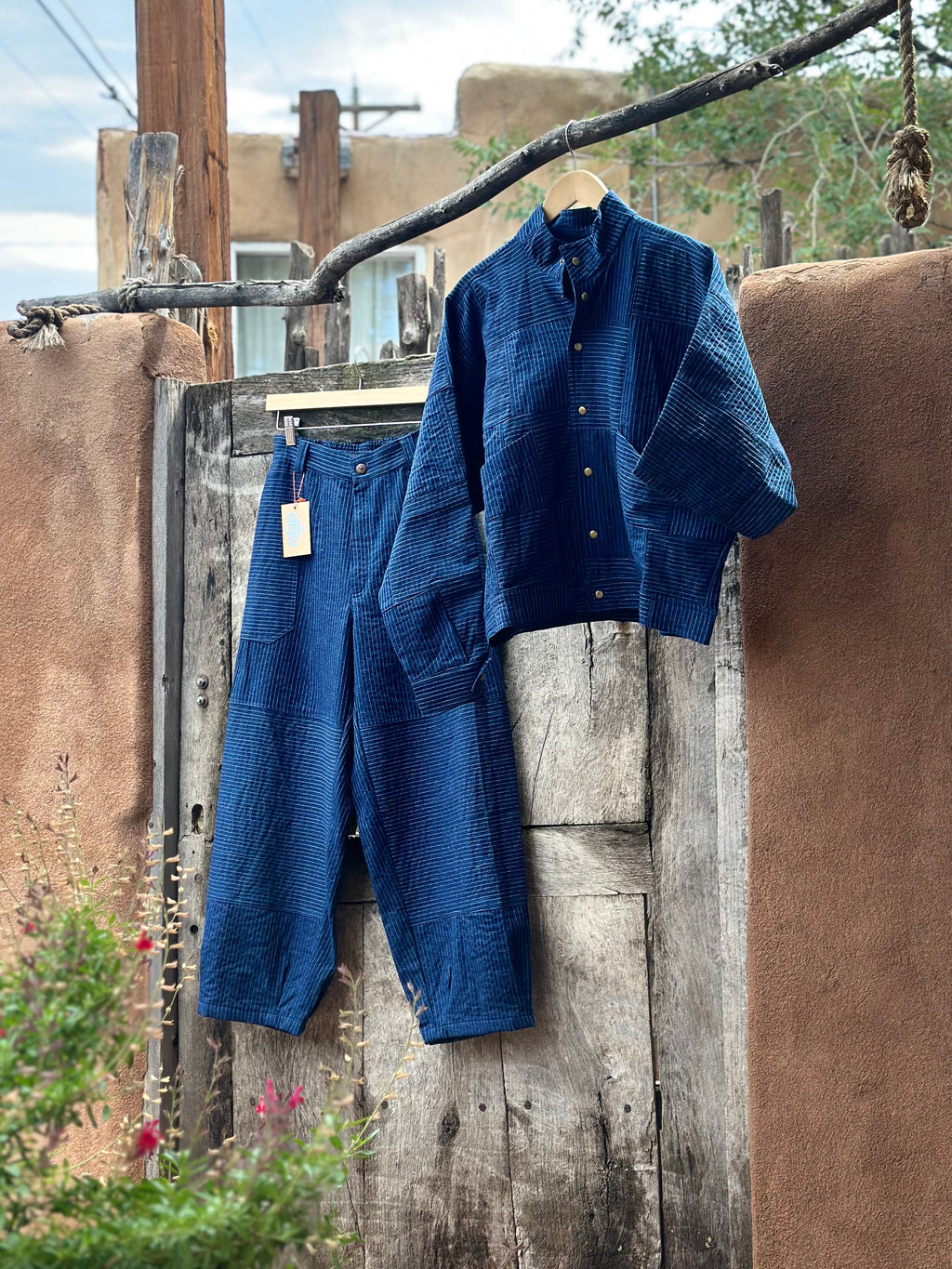 High Waisted Barrel Pants - Blue Denim & turquoise thread
