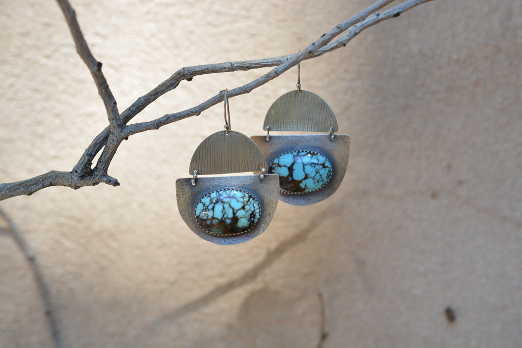 Hubei Turquoise Earrings - Sterling Silver and Corn Husk imprinted Brass