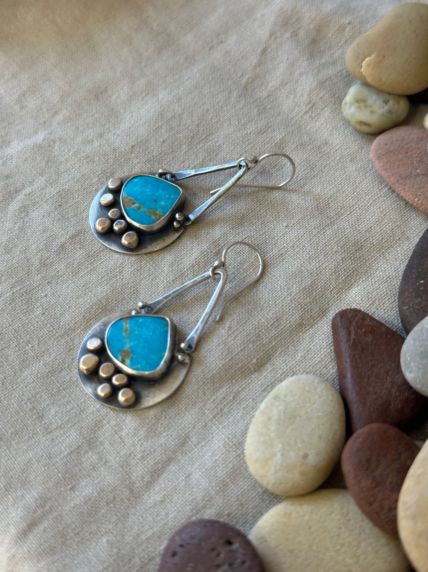 Blue Bird Turquoise ~ golden dots dangling earrings