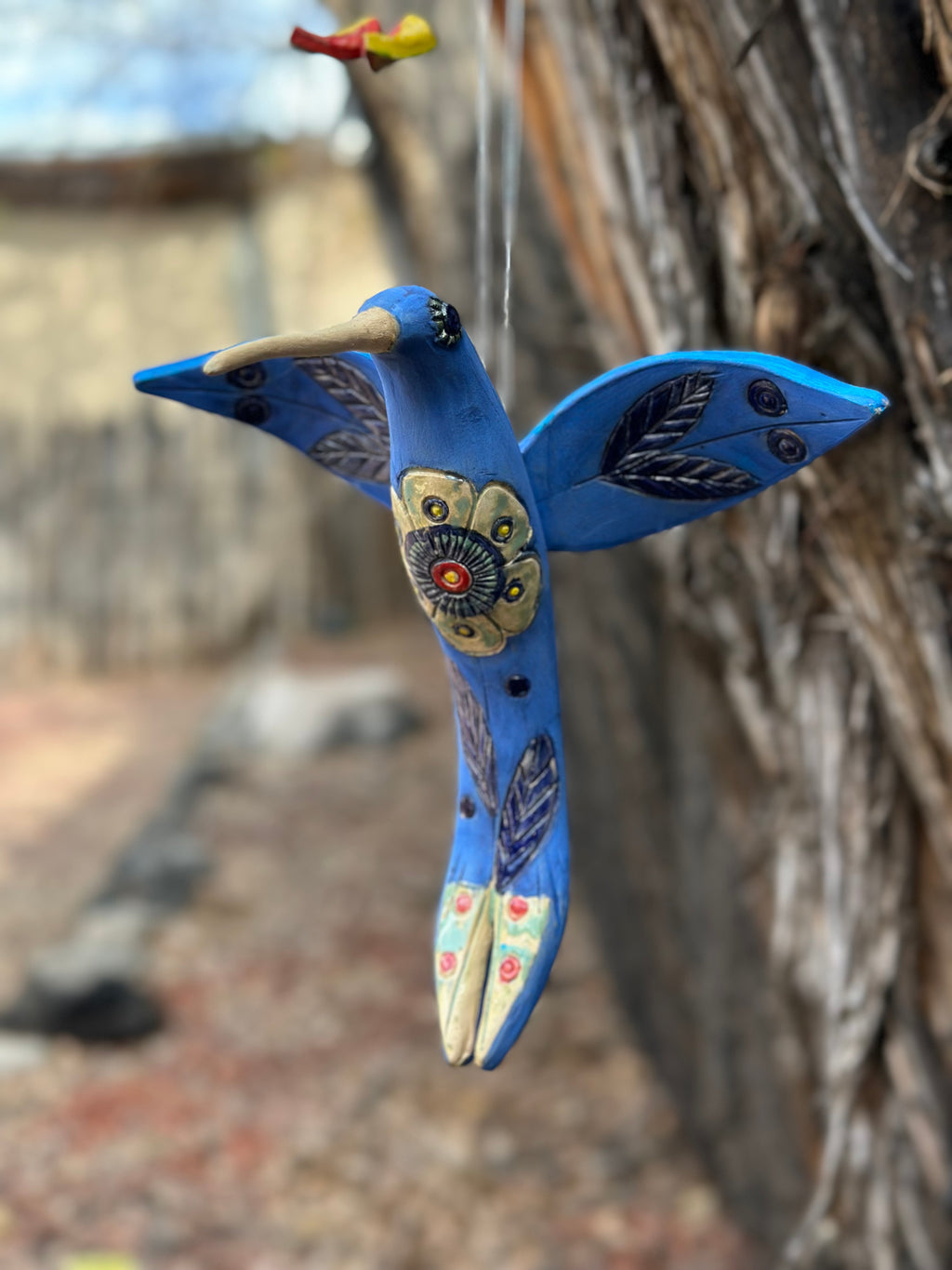 Medium Hanging Hummingbird with Flower Design - Clay Sculpture