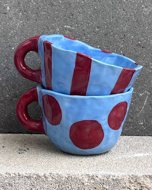 Rounded Mugs ~ Pinched Porcelain ~ blue & red
