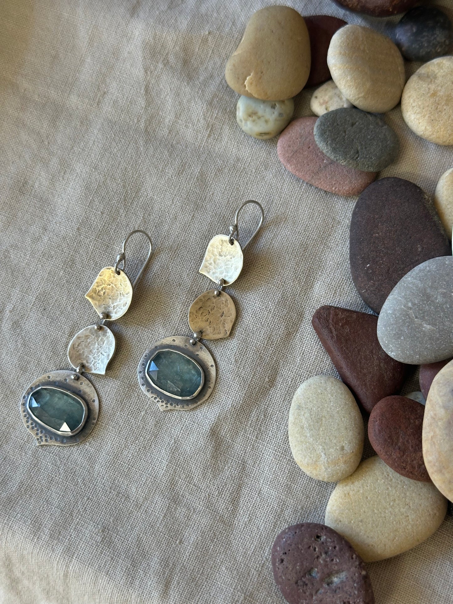 Aqua Kyanite leaves Dangle Earrings - Sterling Silver and brass