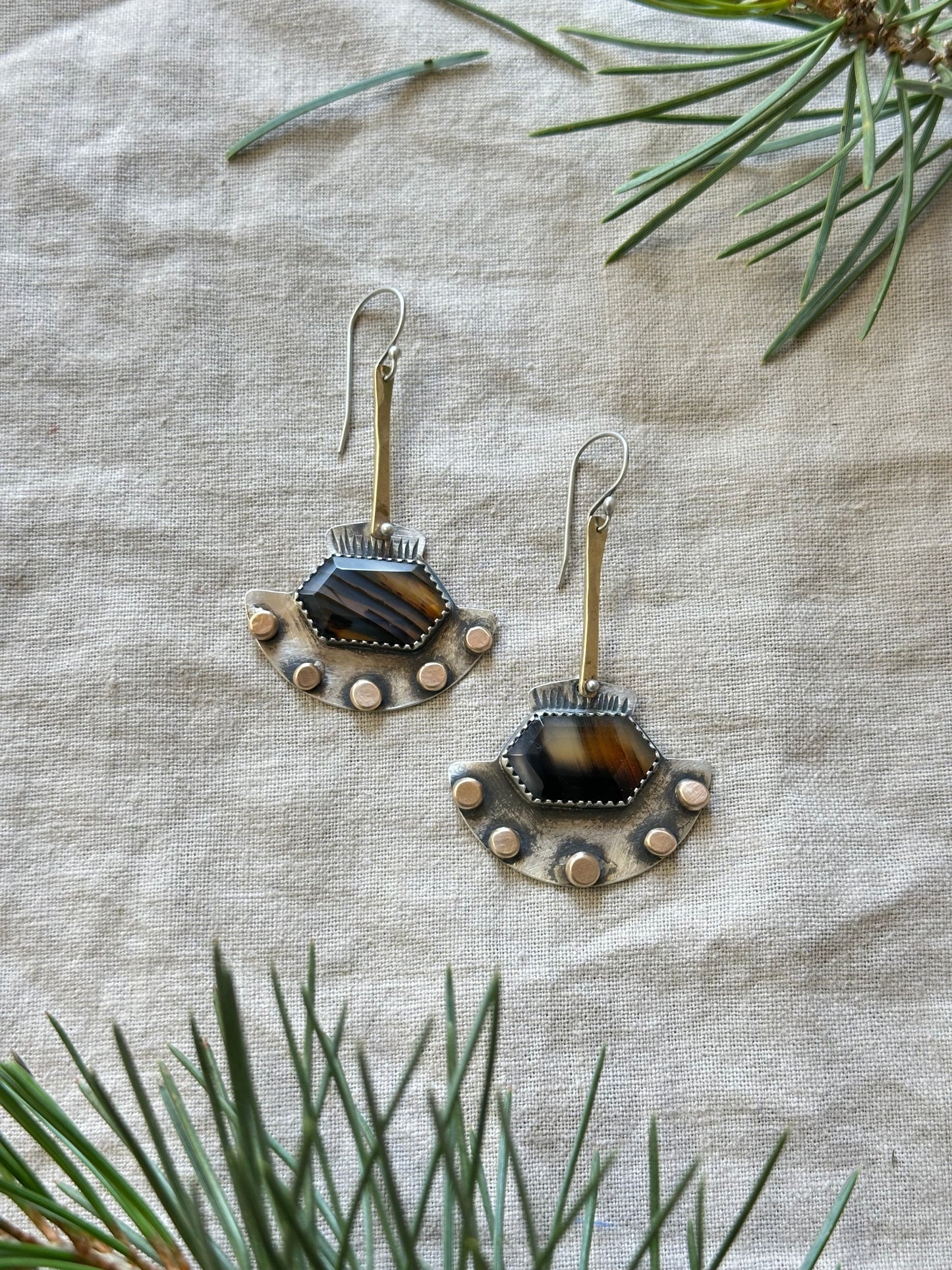 Montana Agate statement earrings - sterling silver and bronze