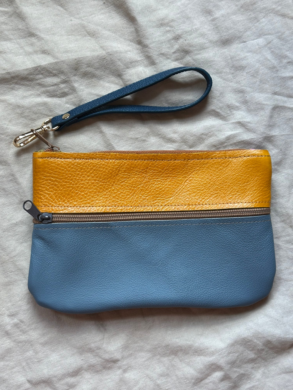Leather wristlet double zip • color block • 8.5” x 5.5”