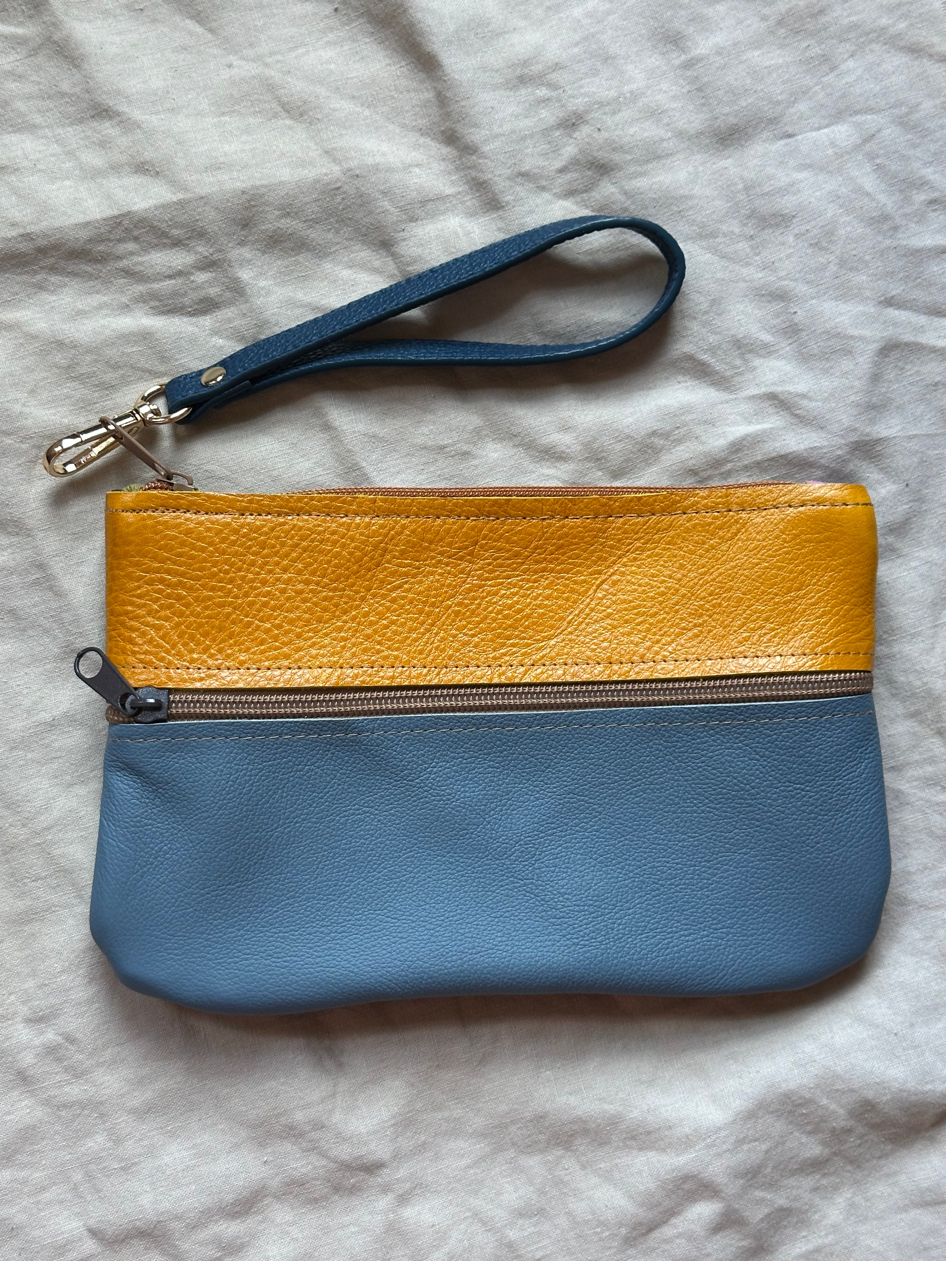 Leather wristlet double zip • color block • 8.5” x 5.5”