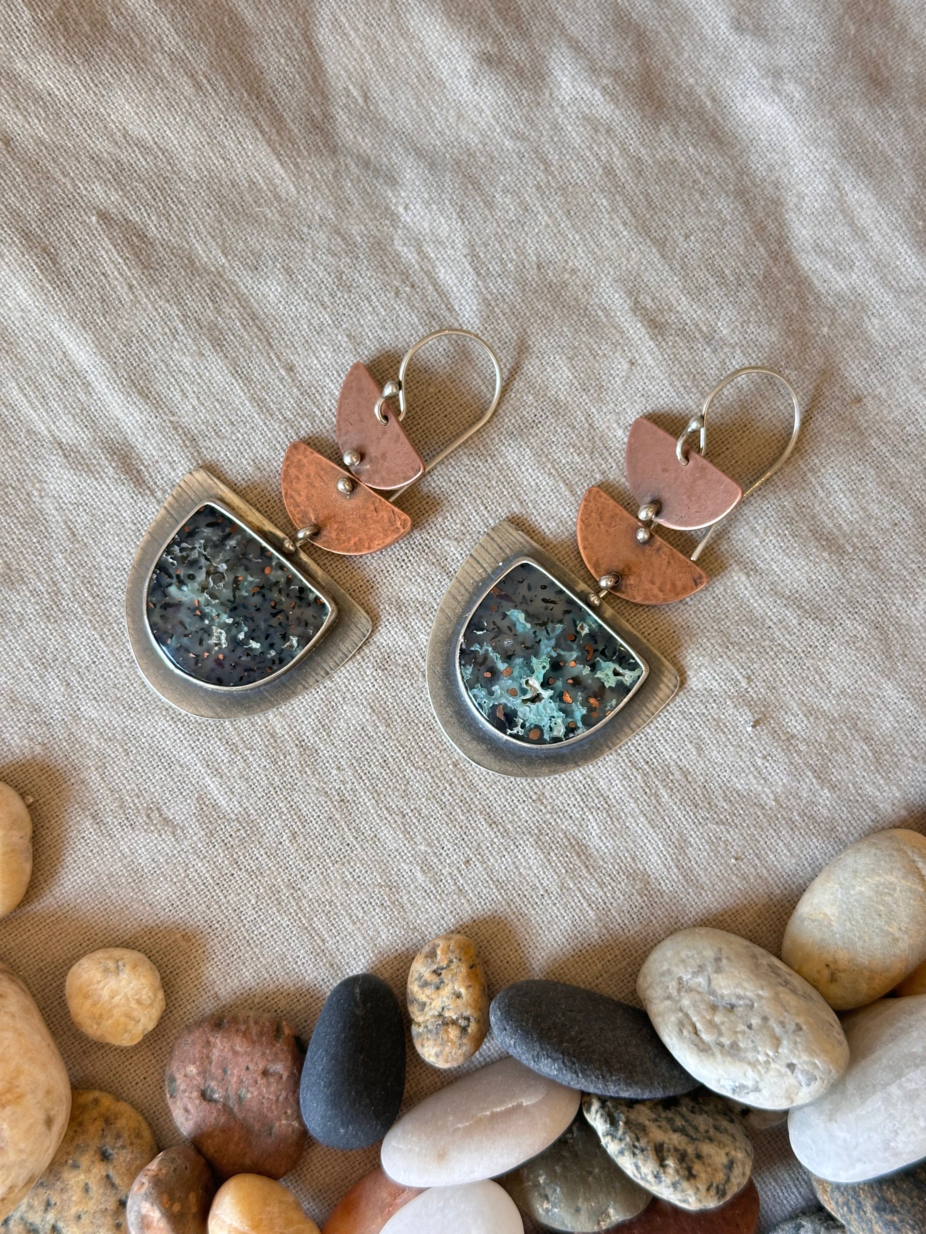 Confetti Copper Chrysocolla Earrings - Sterling Silver and Copper