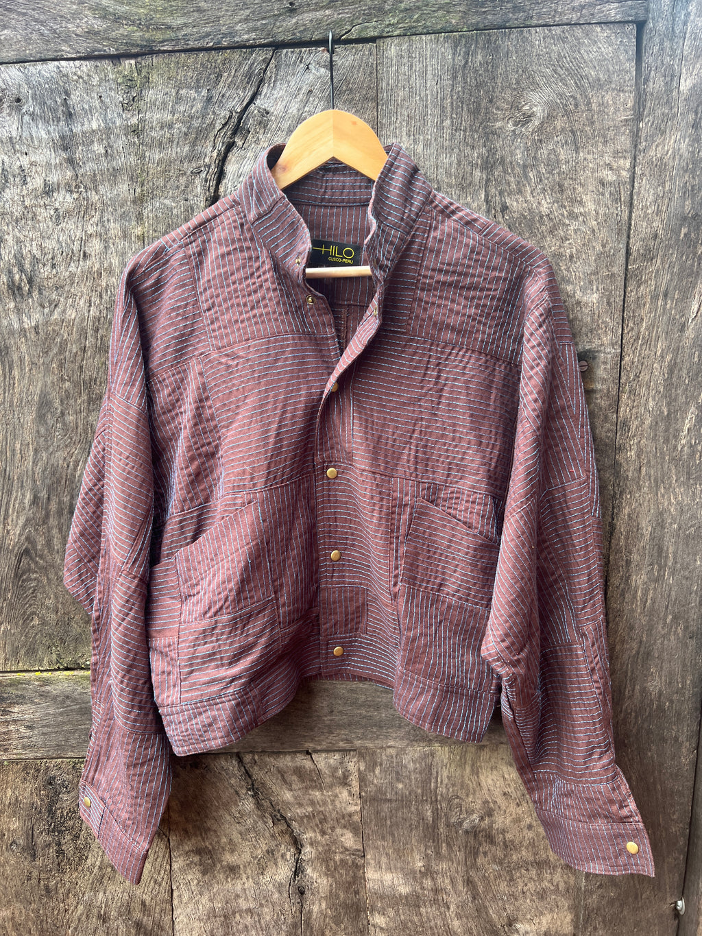 Bomber Patched Jacket - Chocolate Linen with Turquoise threads