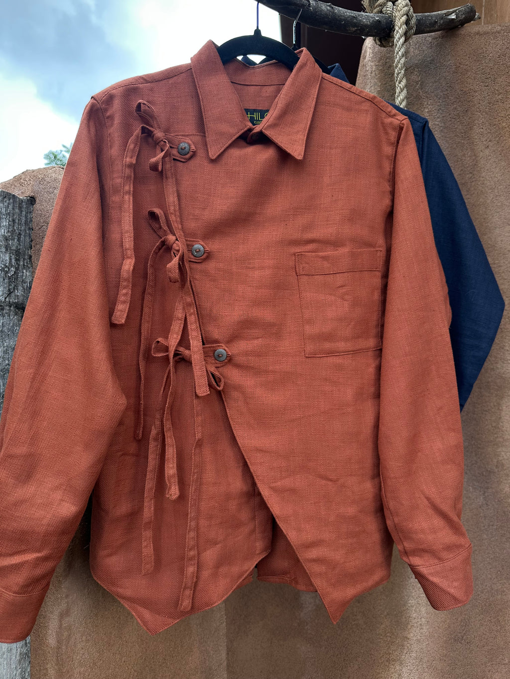 Kimono-Inspired Collared Shirt Open Back- Terracotta Chino Twill