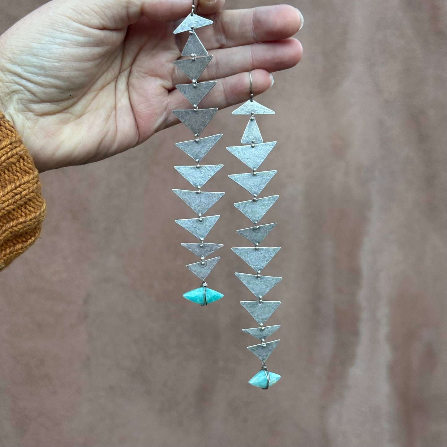 Amazonite and Silver triangles connected earrings