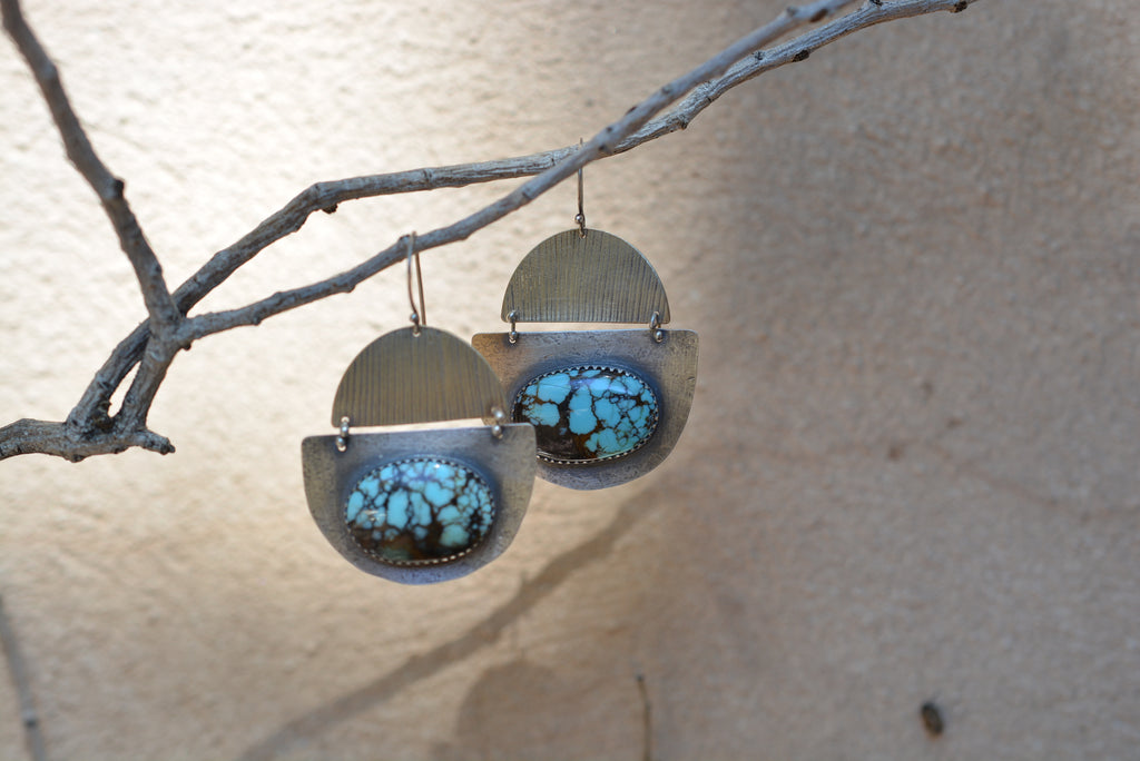 Hubei Turquoise Earrings - Sterling Silver and Corn Husk imprinted Brass