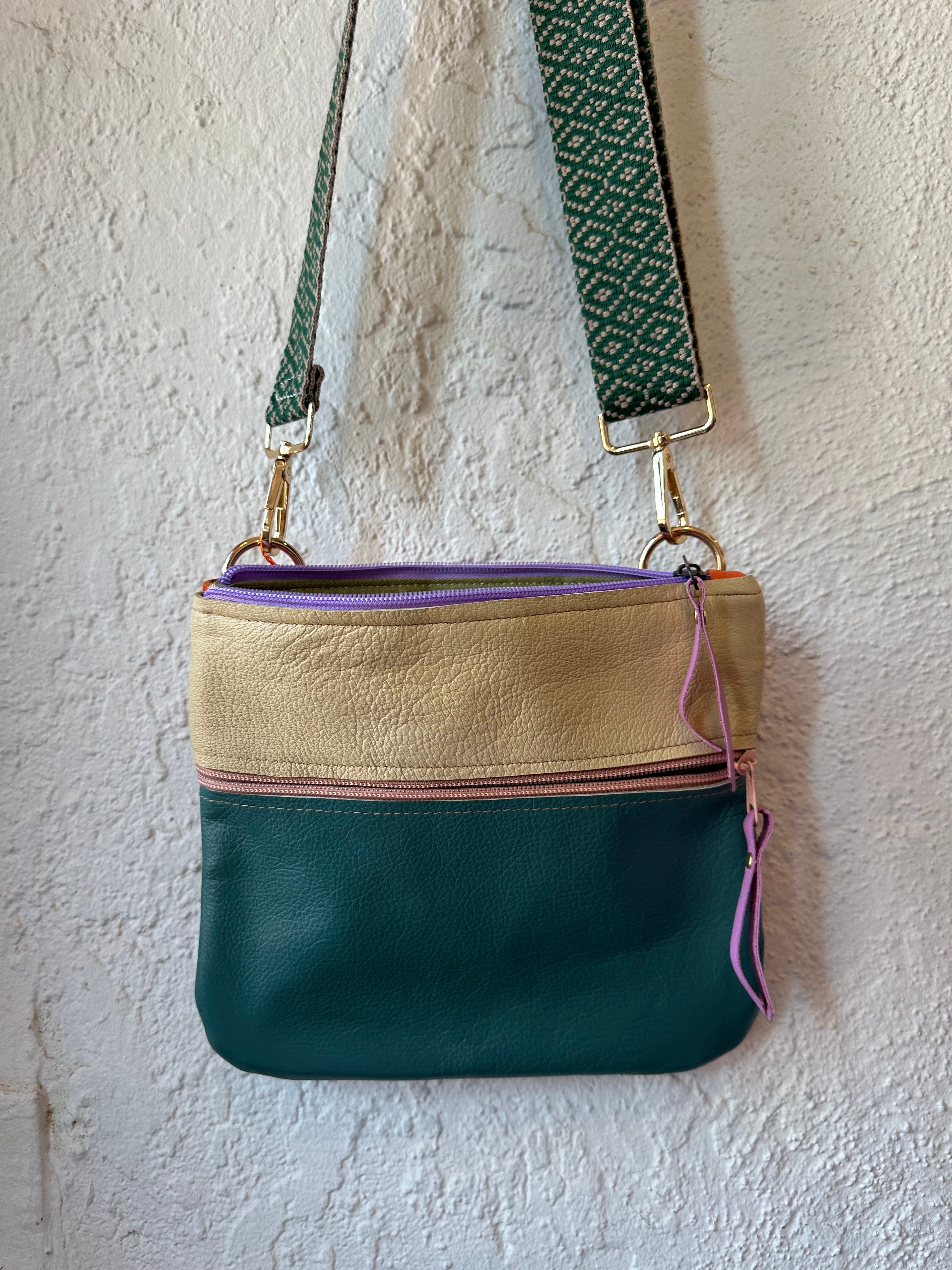 Crossbody Bag • Double Zip • Cream & Teal