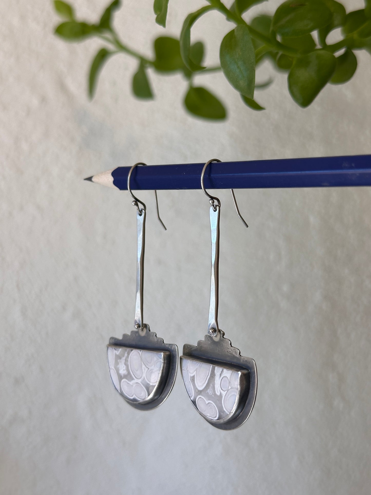 Orbicular Agate Shield Earrings - Sterling Silver