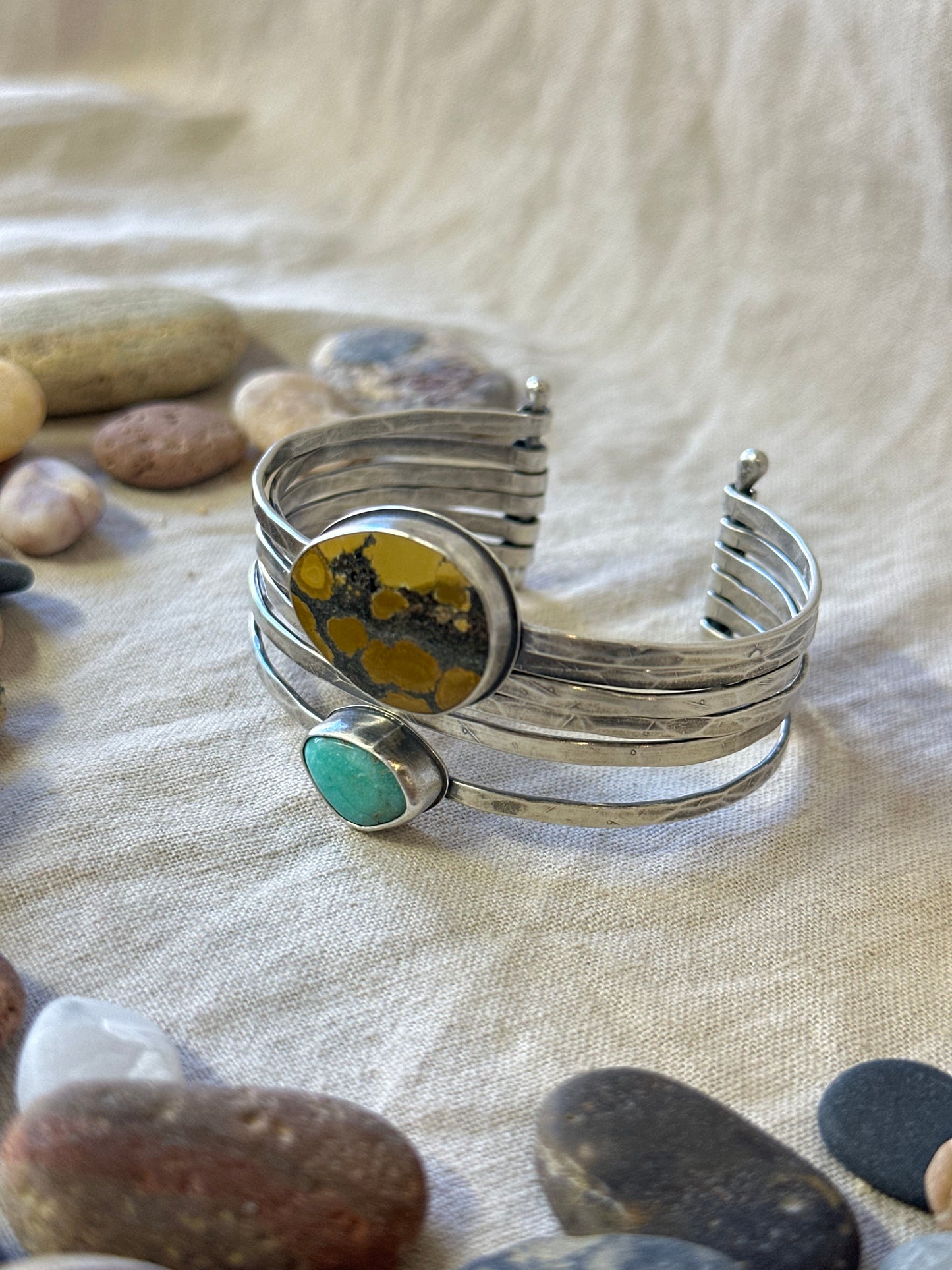 Stacked - Attached Bracelet -  Royston and Hubei Turquoise ~ Cuff with Movement - ready to ship