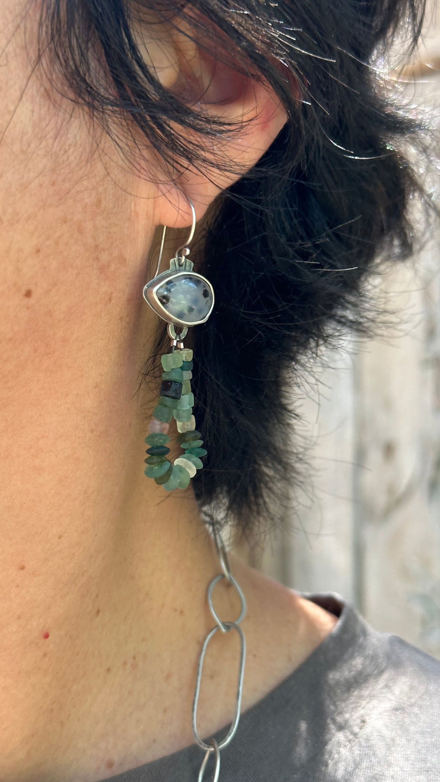 Montana Agate and Roman Glass Dangling Earrings ~ Sterling silver