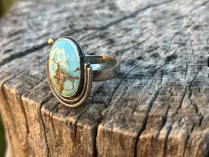 Golden Hill Turquoise ~ sterling silver ring + 18k gold - Size 8.75