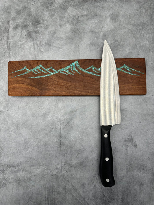 Knife block with Kingman turquoise inlaid ~ Mountains Design