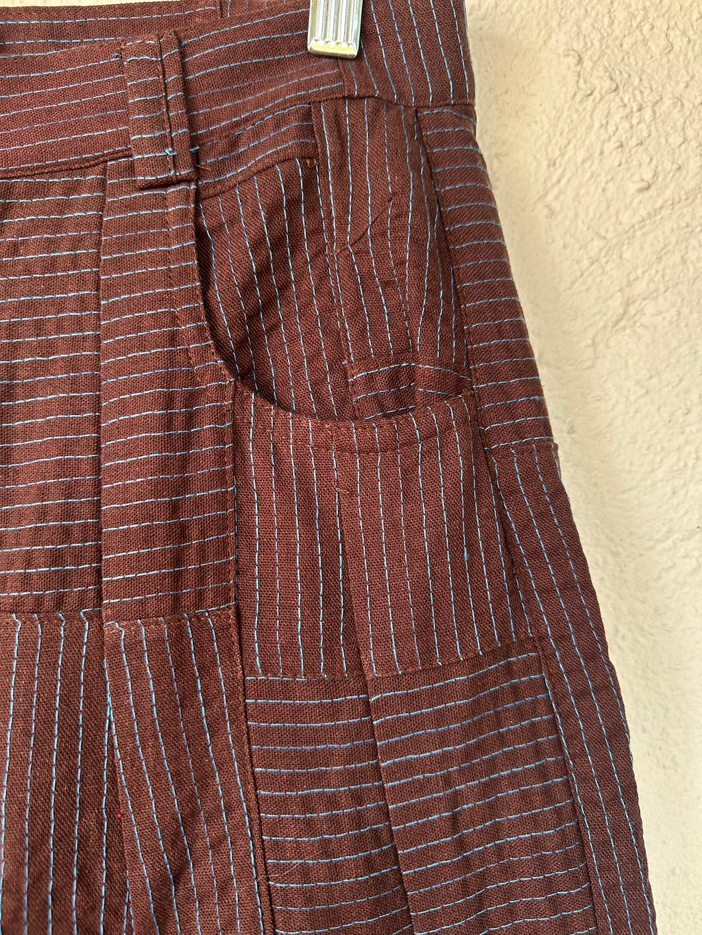 High Waisted Barrel Pants - Brown & turq stitch