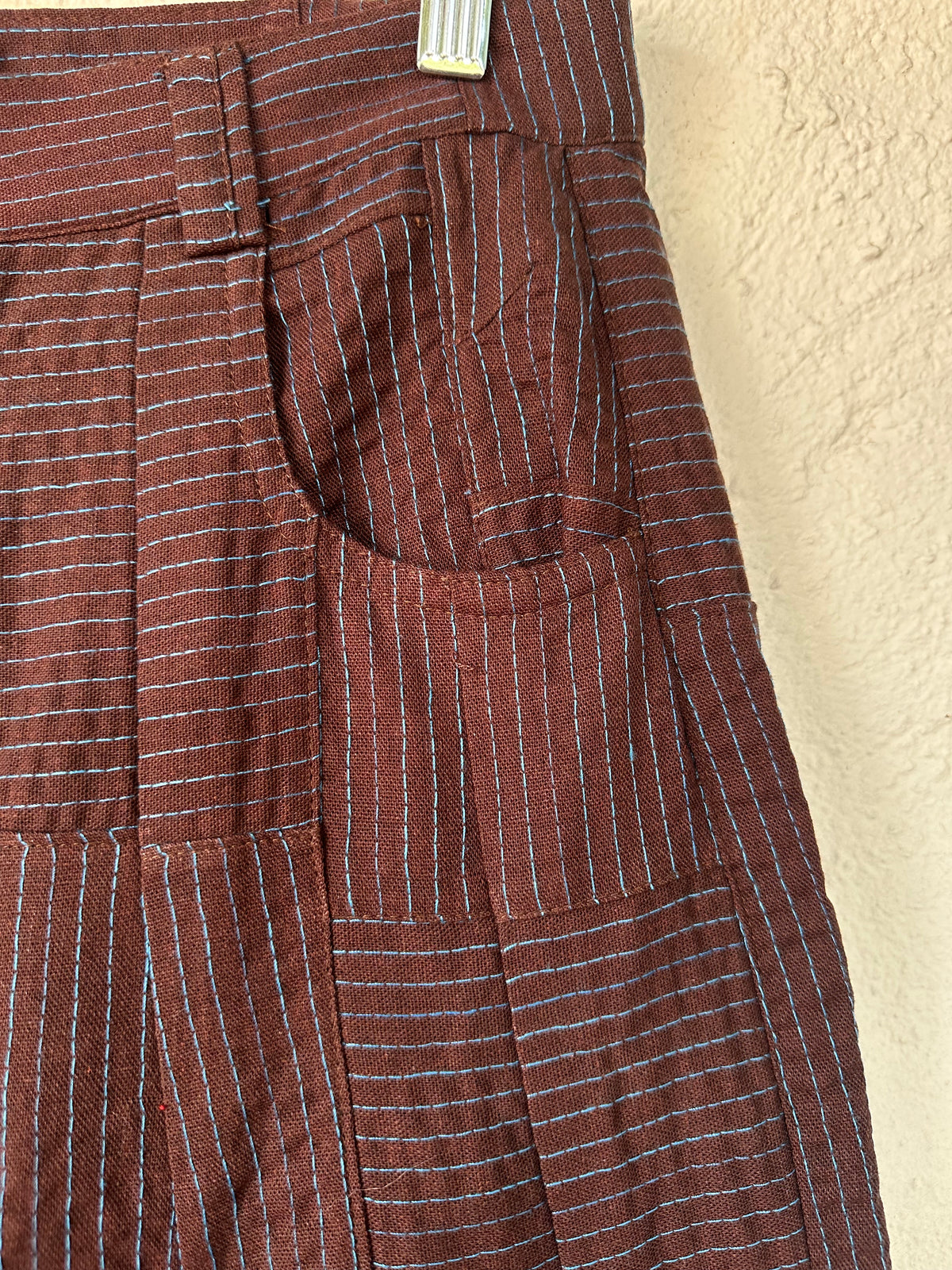 High Waisted Barrel Pants - Brown & turq stitch