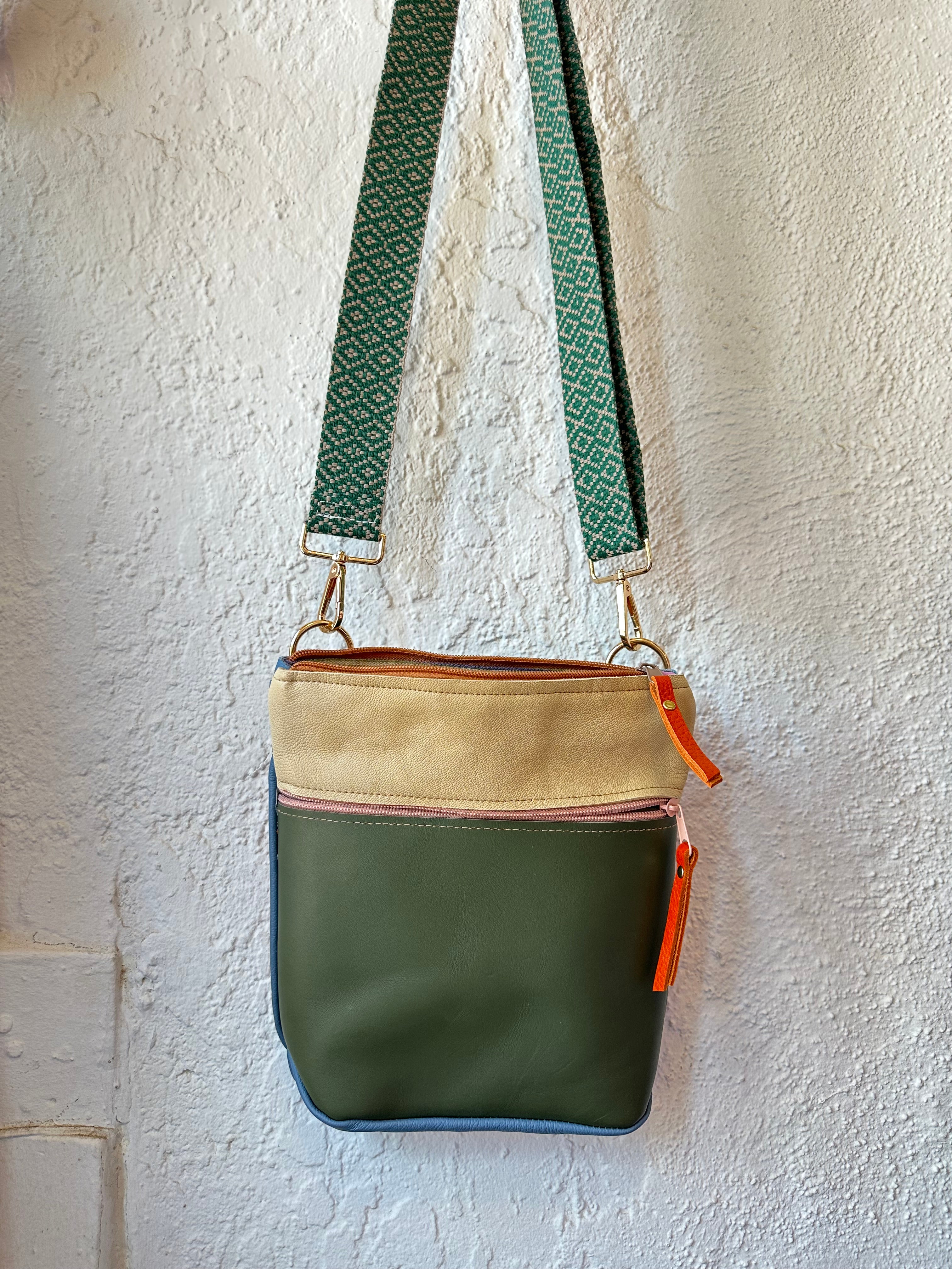 Crossbody Bag • Double Zip • Cream & Green